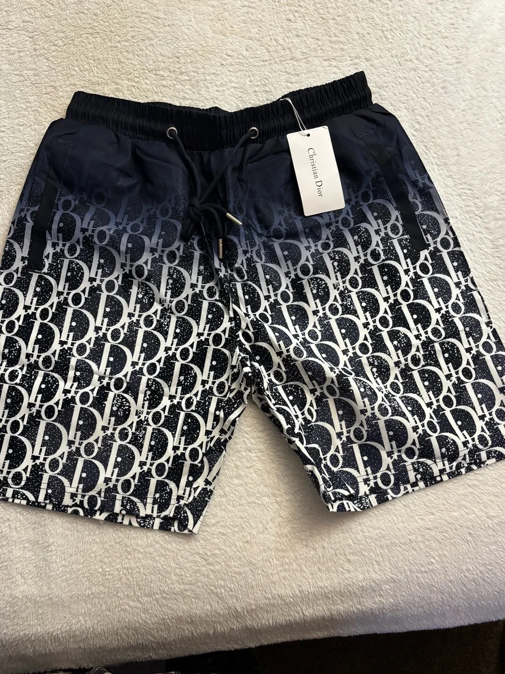 Men's Ombre Navy Print Swim Trunks with Drawstring read 👇